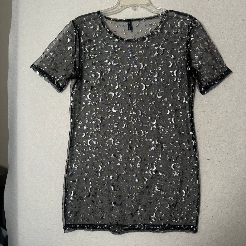 Silver Glitter Moon Star Sheer Mesh Mini Dress Black Short Sleeve Tunic Size 4